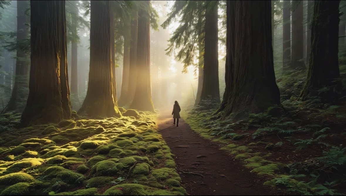 A person walking along a moss-lined forest path beneath tall trees in golden sunlight.