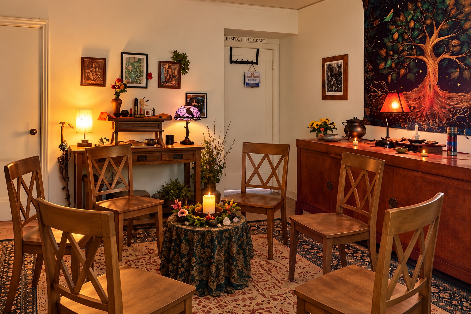Our actual meeting space, with wooden chairs, warm lamps, altars, and a Tree of Life tapestry.